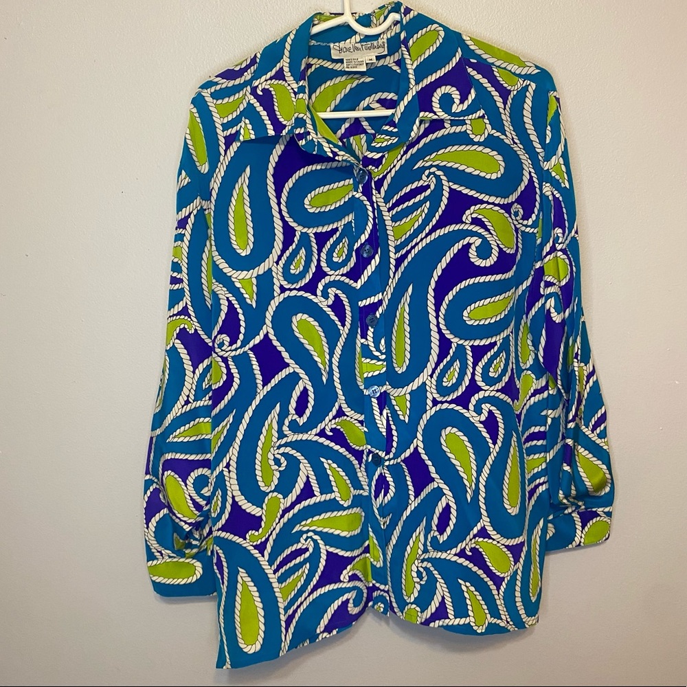 Vintage Diane Von Furstenberg 100% Silk Multicolored Oversized 90s Blouse Top M